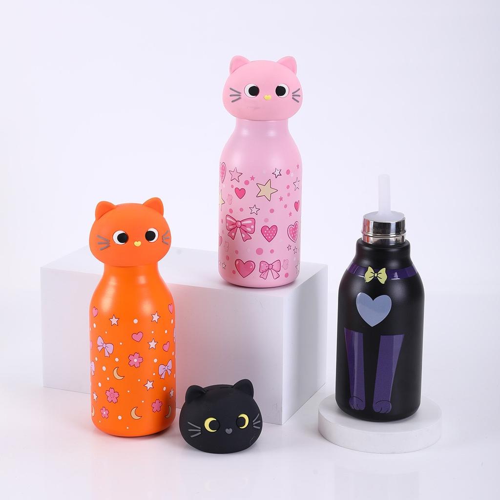Bouteille d'eau isotherme en acier inoxydable avec tête douce amovible en forme de chat Thermos en forme de chat de dessin animé avec paille pour enfants