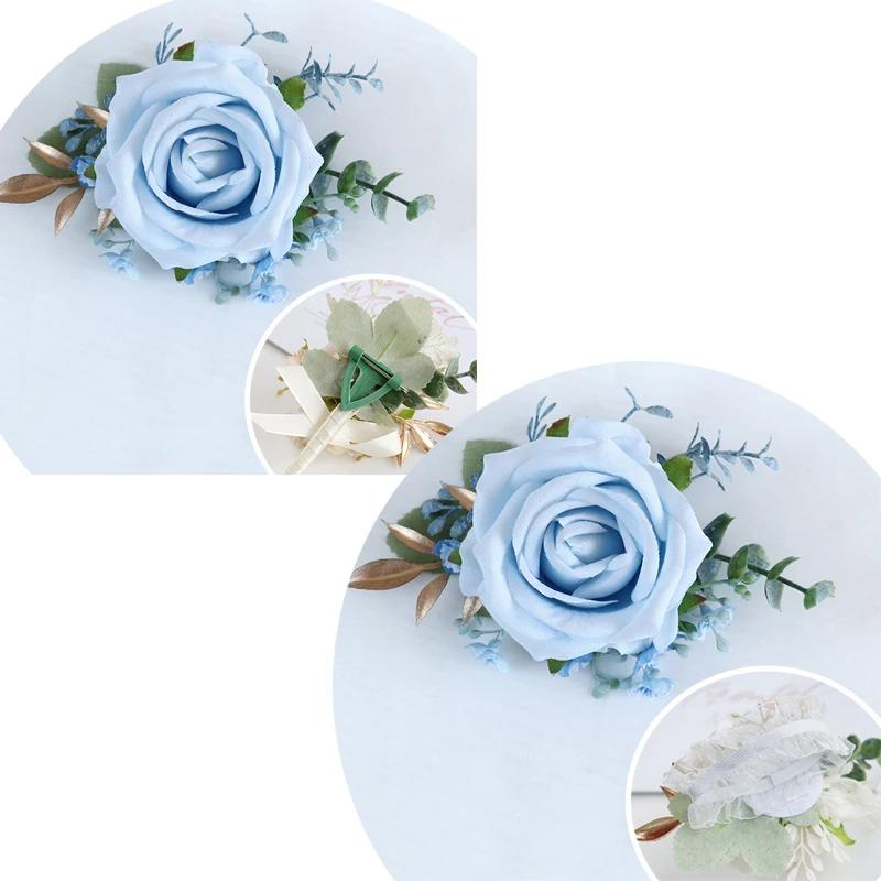 6pcs White Pink Corsage and Boutonniere Set Artificial Rose Wristlet Suit Flower for Men Wedding Party Prom Decoration