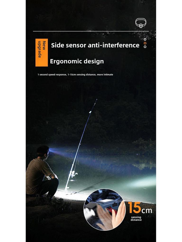 Rechargeable Waterproof Head-Mounted Fishing Light with Induction, Red Emergency Light, High Brightness, Lightweight Design.
