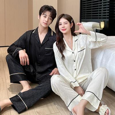 R Versione Completa Pigiama di Coppia in Seta Jacquard di Lusso Leggero - Autunno/Inverno Manica Lunga Homewear Francese
