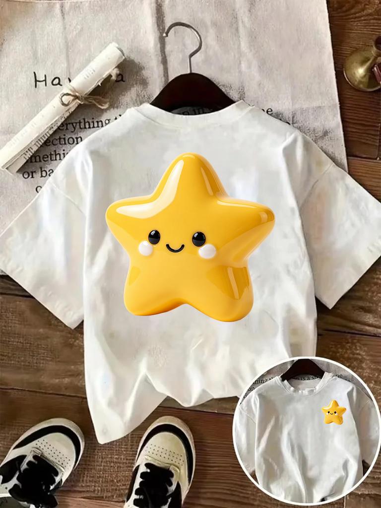 Summer Cute Yellow Star Graphic Tee Kawaii Smiley Star Print TShirt for Women Casual Oversized White Tee Harajuku Aesthetic