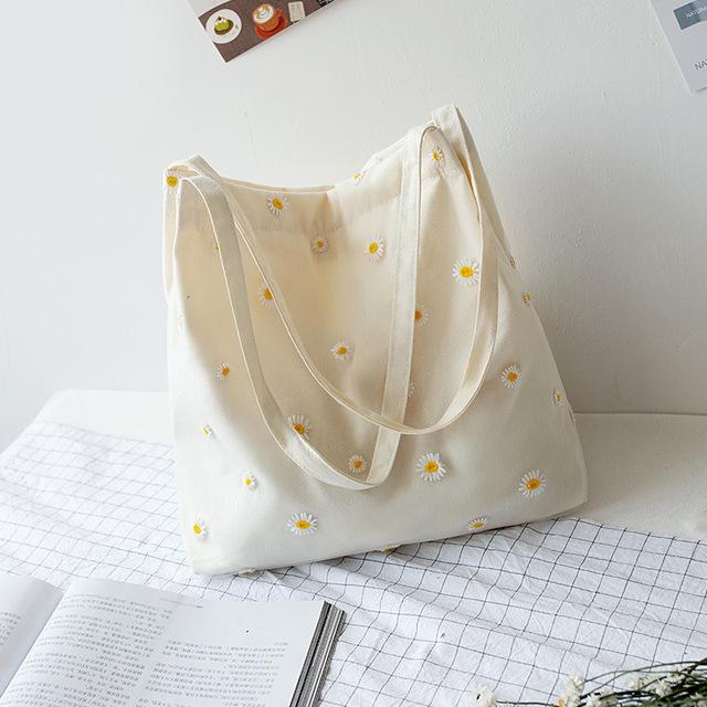 Small Canvas Tote Bag for Women 2024 Girls Shopper Designer Handbag Casual Embroidery with Daisy Crochet Cute Mesh Shoulder Bags