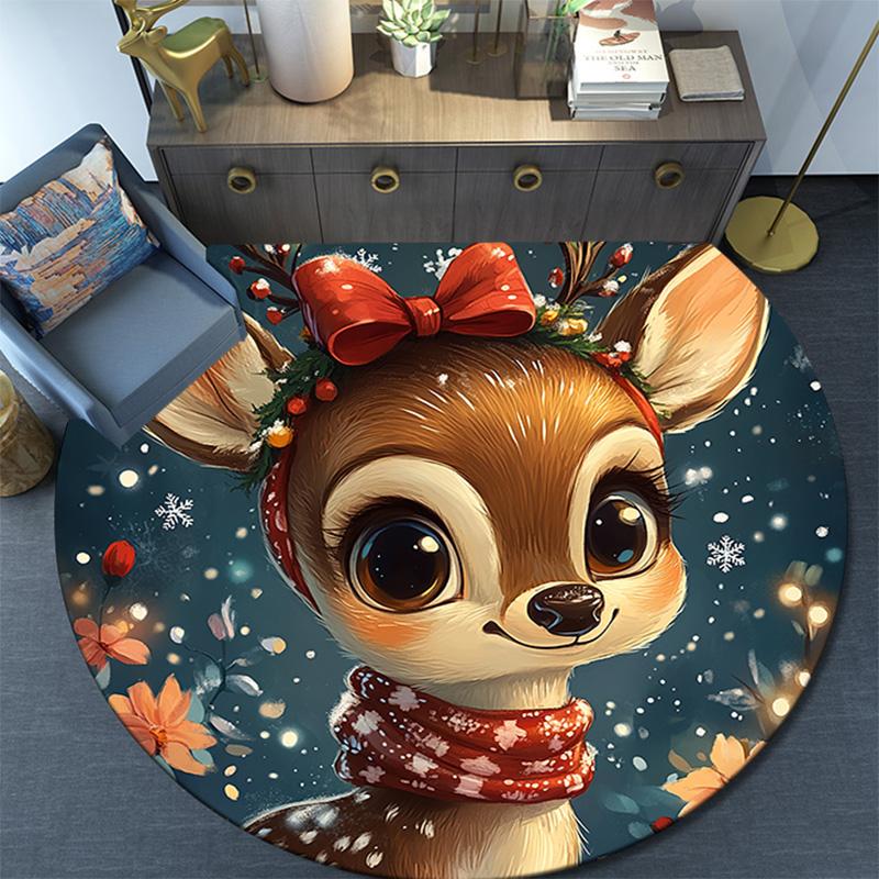 Cute Deer Round Area Rug,Carpet Rug for Living Room Bedroom Sofa Playroom Decor,Non-slip Floor Mat