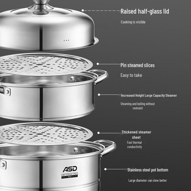 ASD 3-Layer 304 Stainless Steel Multi-Function Steamer