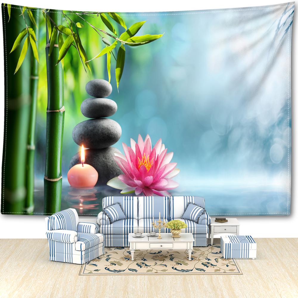Tapiserie Agățată de Perete Piatră de Lotus și Pădure de Bambus Boem Peisaj Natural Artă Minimalistă Living Dormitor Decor Acasă
