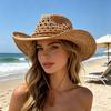 Sun Hat Natural Raffia Hand-Woven Lightweight Breathable Wide Brim Straw Hat Hollow Design Rope Decor Western Cowboy Hat