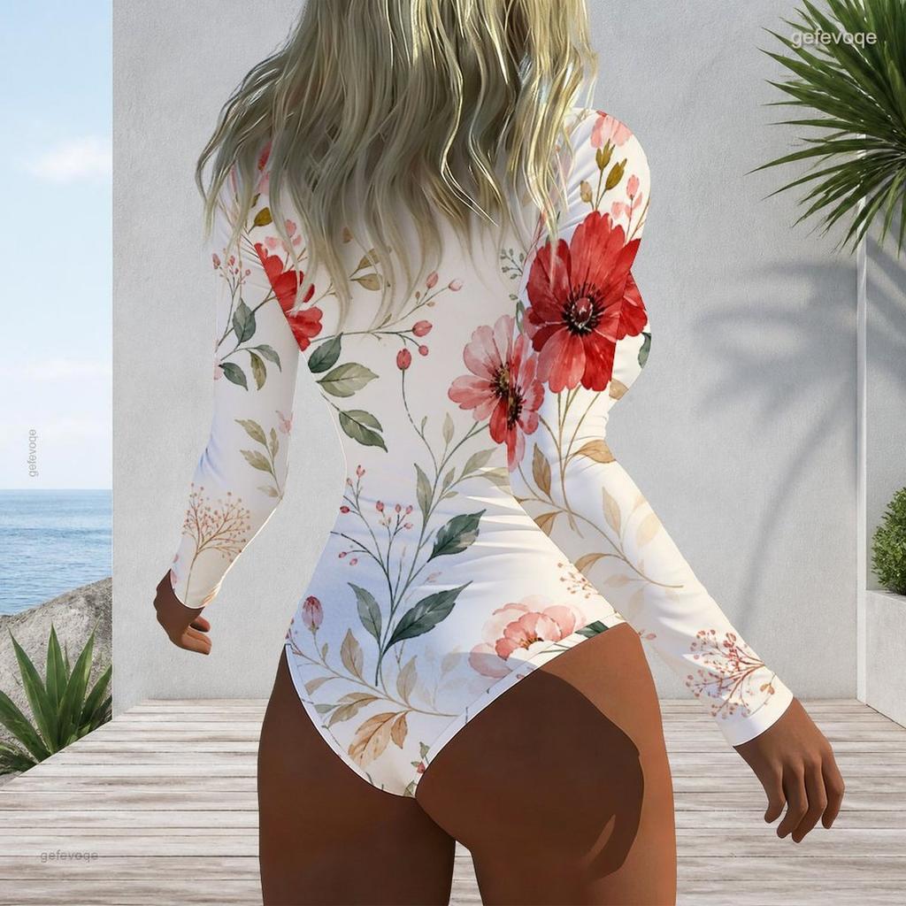 Women Plus Size High Neck Long Sleeve Front Zipper Floral Print One Piece Swimsuit