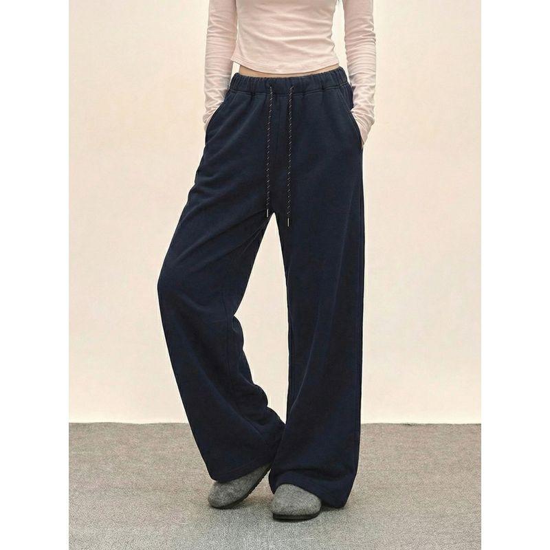 Shiyiyue Sporty Loose Casual Pants for Women, Autumn and Winter Elastic Waist Fleece-Lined Sweatpants with Drawstring, Straight Wide-Leg Long Pants
