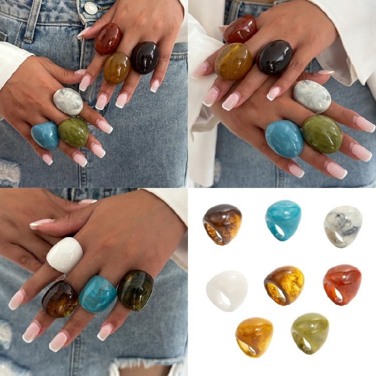 Marbled Effect Resin Art Rings Curved Wide Band Design Safe Construction Stackable Fashion Accessory Resin Texture