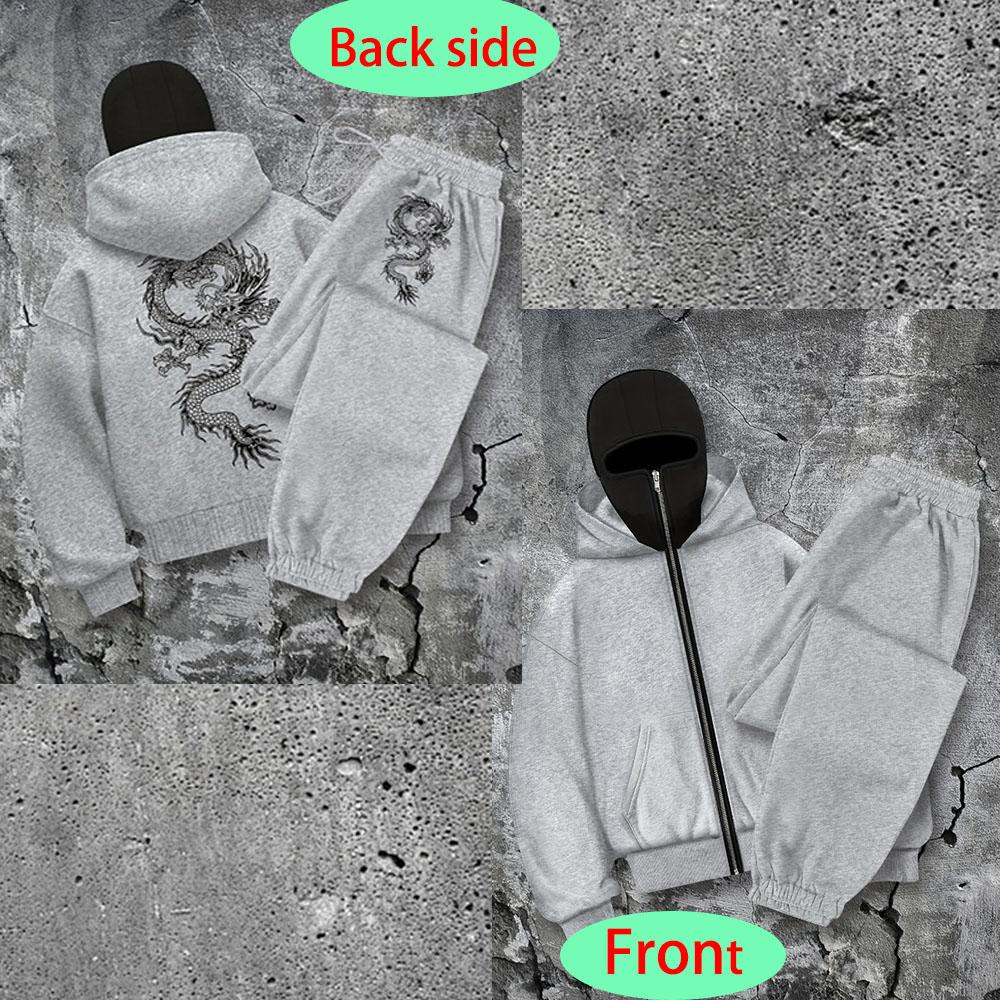 Dragon Patterned Hoodie and Jogging Pants Set, Hooded Zipper and Pants, Casual Streetwear Zipper Hoodie