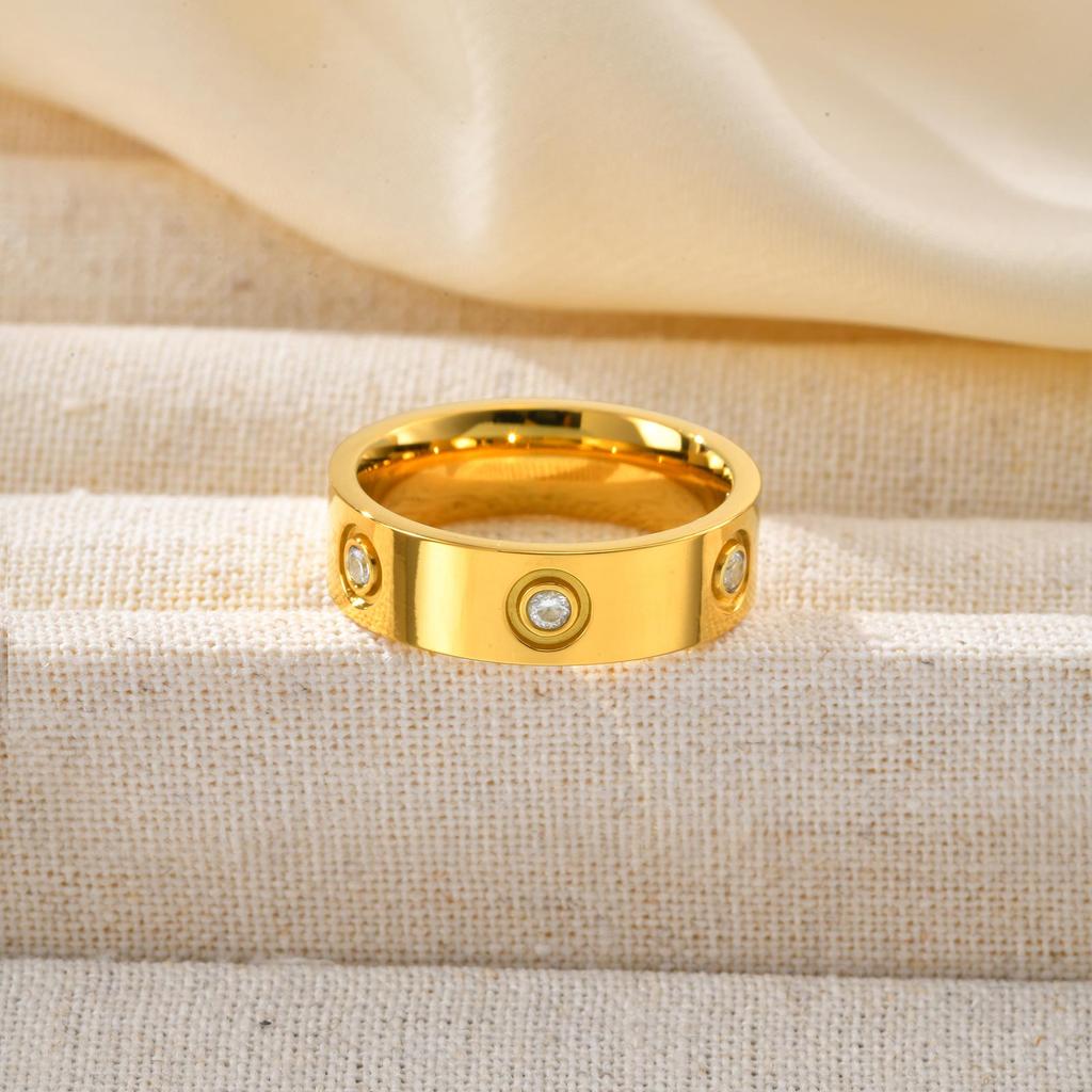 4mm 6mm Luxury Cubic Zircon Stainless Steel Ring for Women Men, Gold Plated Chunky Waterproof Finger Jewelry for Lover Size 5-12