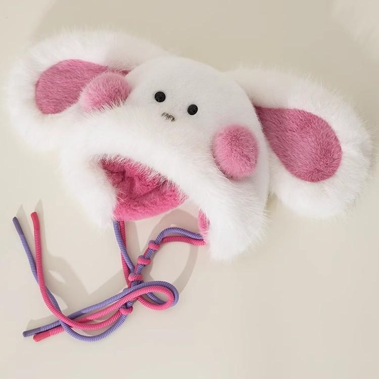 New Versatile Cute Long Ear Blush Rabbit Plush Hat for Women In Autumn and Winter Cold Protection and Warm Ear Protection Lei Feng Hat