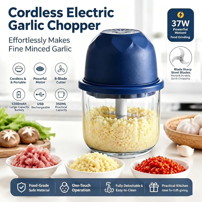 Wireless Electric Garlic Chopper 2 Stainless Steel Blades 250Ml Glass Container For Home Kitchen Mincing Garlic Veggies Spices