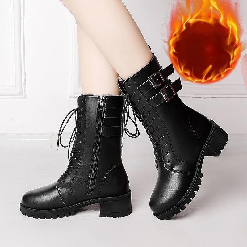 

Fashion 2025 Winter New Leather Womens Boots Chunky Heel Big Size platform boots Short Plush Fashion Buckle Side Zipper Warm Women Shoes 35
