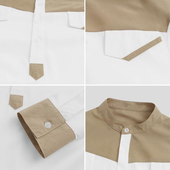 Men Mandarin Collar Long Sleeve Robe Contrast Color Buttons Half Placket Pockets Loose Fit Traditional Robe