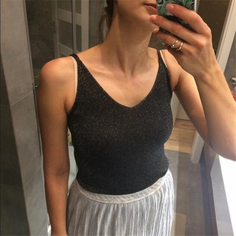 Summer Knitted Slim Sexy Top Tank Women Bright V Neck Sleeveless Vest Shirts Tops Tees