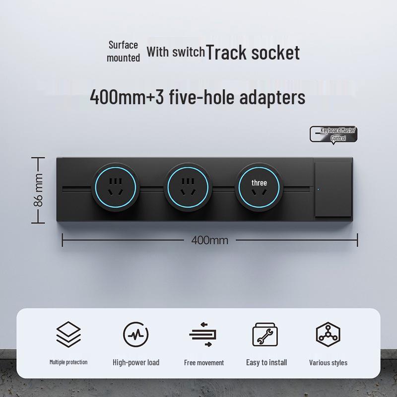 Surface-Mounted Anti-Shock Adjustable Power Strip with Switch Track for Kitchens