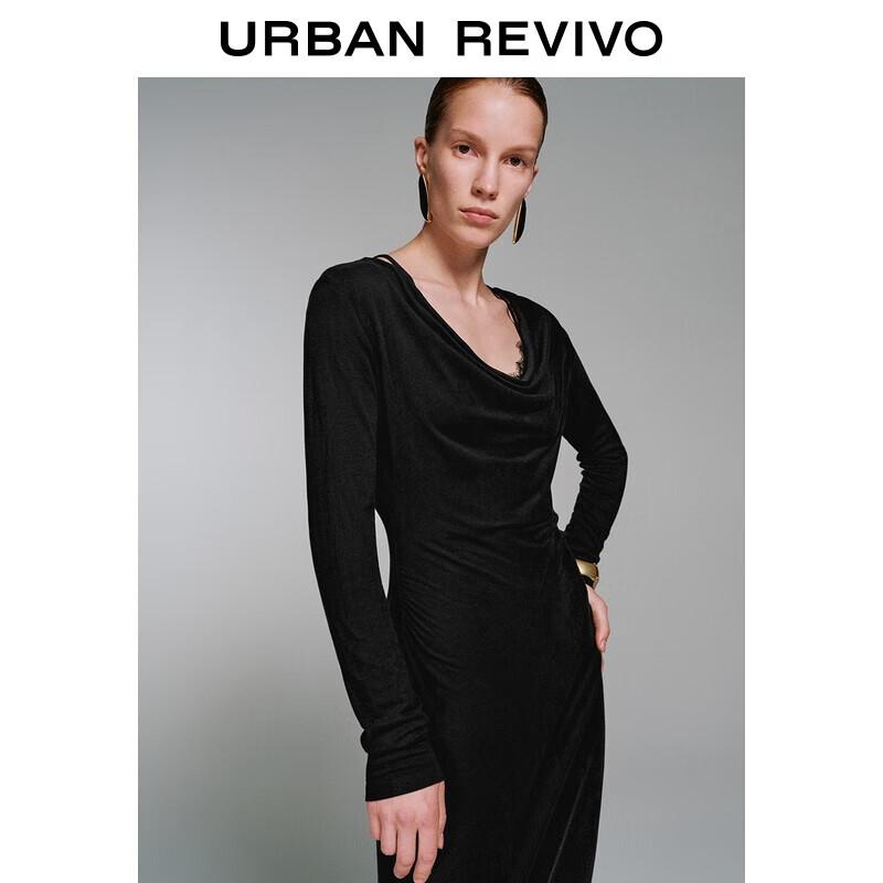 UR 2025 Winter Women s Spliced Lace Pleated Long Sleeve Dress L