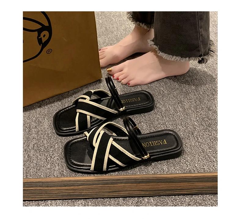 Slippers Women Summer Shoes Low Pantofle Shale Female Beach Slides Fashion Flat Luxury Cotton Fabric PU Rubber Rome