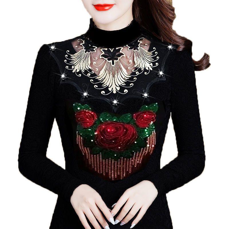 Women's Printed Stretch Base Shirt Slim Fit Lace Rhinestone Long Sleeve T-Shirt Fall Winter