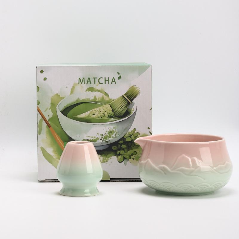 2PCS Matcha Set Premium Ceramic Embossed Matcha Bowl Whisk Spout Drinkware Matcha Accessory Kit