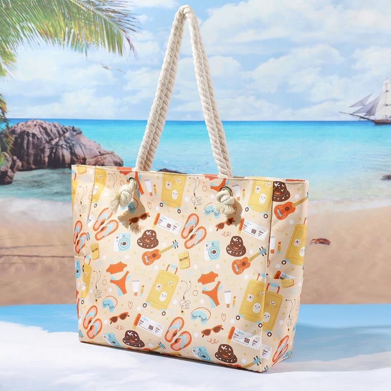 Women Canvas Beach Tote Bag Large Capacity Summer Shoulder Bag Zipper Closure Travel Shopping Handbag