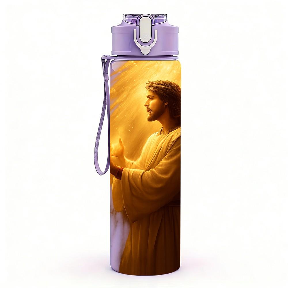 1PC Jesus Warm Open Hand Portrait 750ml Color Plastic Sports Water Bottle Leakproof Flip Straw Lid For Sports Office Home Use
