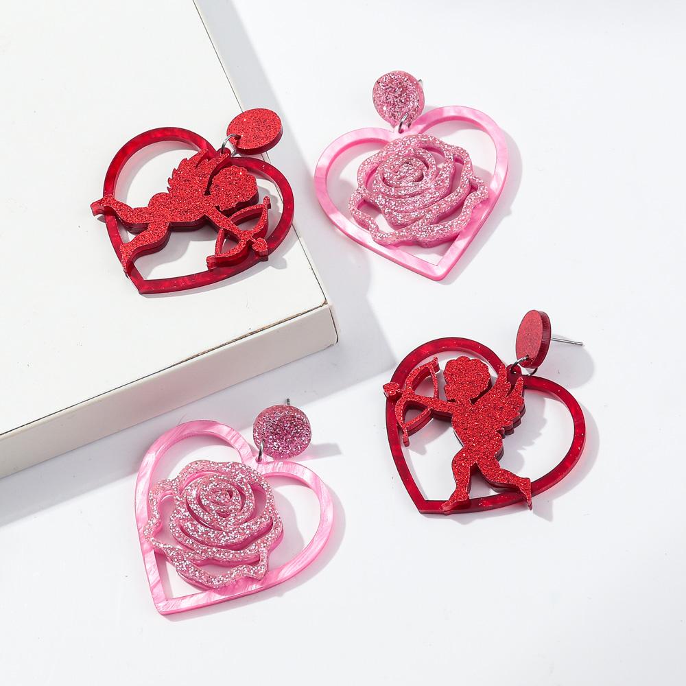 Pink Red Hollow Love Acrylic Drop Earrings for Women New Glitter Rose Flower Cupid Heart Earring Jewelry Valentine's Day Gift