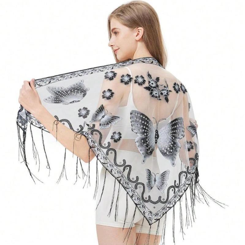 Luxury Flower Lace Hollow Scarf Butterfly Print Tassel Triangle Shawl Wraps Polyester Mesh Scarves Bridal