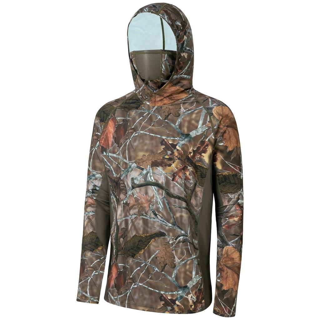 Men Forest Leaf Camo Anti‑UV Fishing Hoodie With Face Mask UPF50+ Quick Dry Breathable Long Sleeve Fishing Hunting Clothing