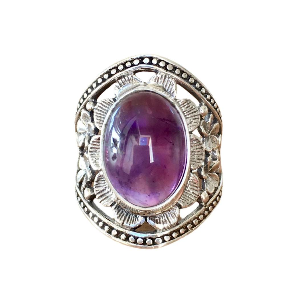Anello Fiore di Ametista Vintage in Argento Antico per Uomo e Donna