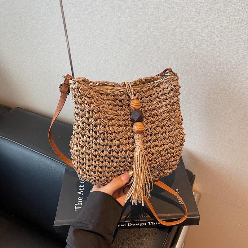

Популярная сумка-ведро женская летняя новая плетеная сумка-мессенджер дорожная пляжная сумка на плечо соломенная маленькая сумка хаки