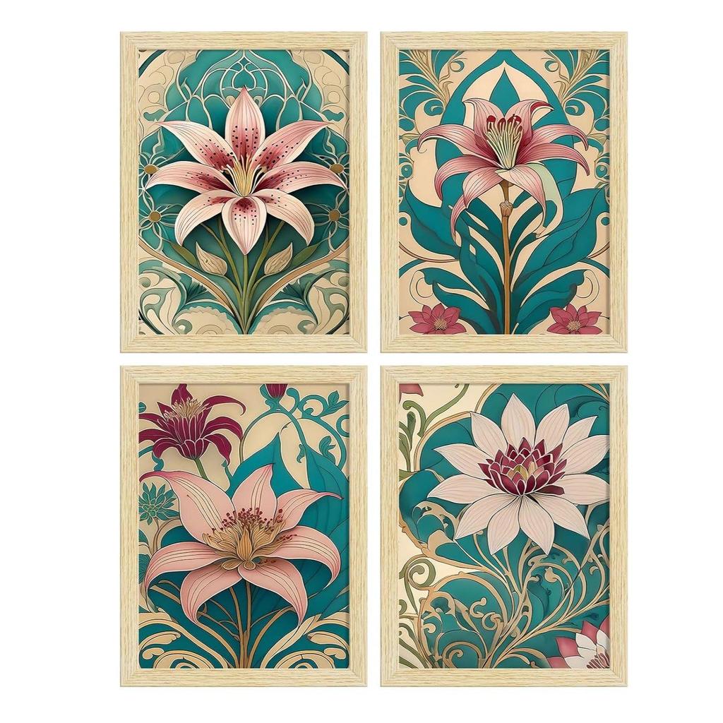 Paper Lilly Flowers Botanical Art Paintings With Frame for Home Decor, Wall Painting for Living Room, Multicolor, Set of 4