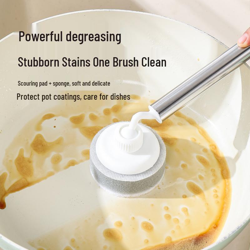 Non-stick Pan Cleaning Brush - Long Handle, Non-Damaging Scrubbing Sponge for Pots and Dishes