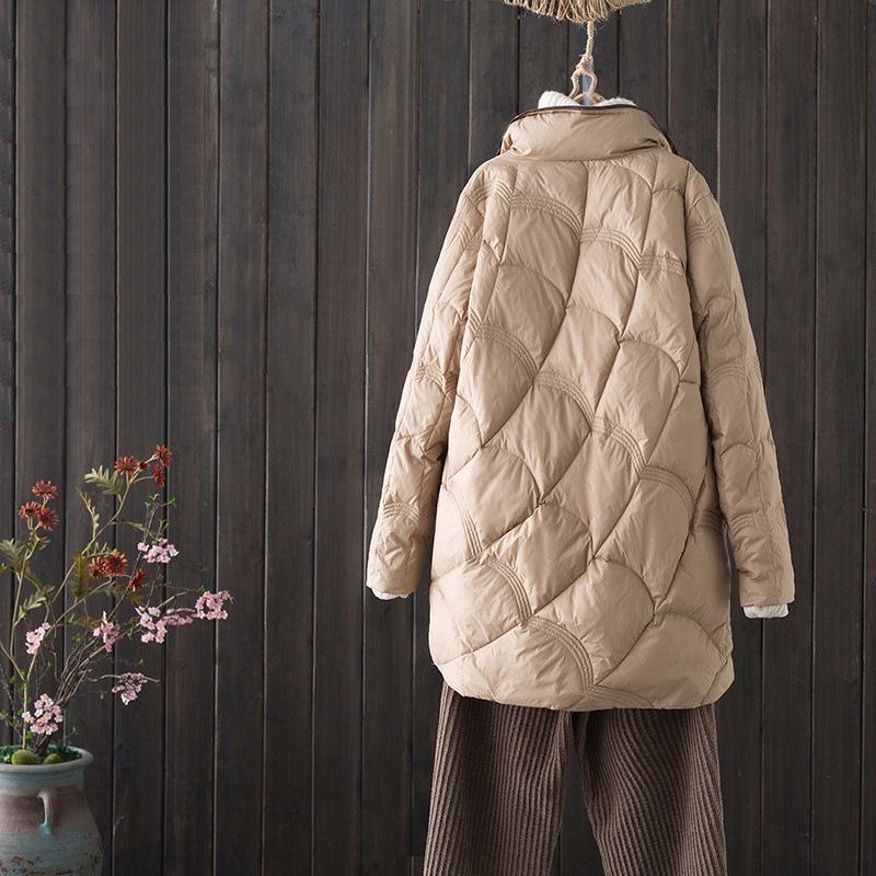 Women's Mid-Length Retro Chic Lightweight Down Jacket - Auspicious Clouds Stand Collar Design