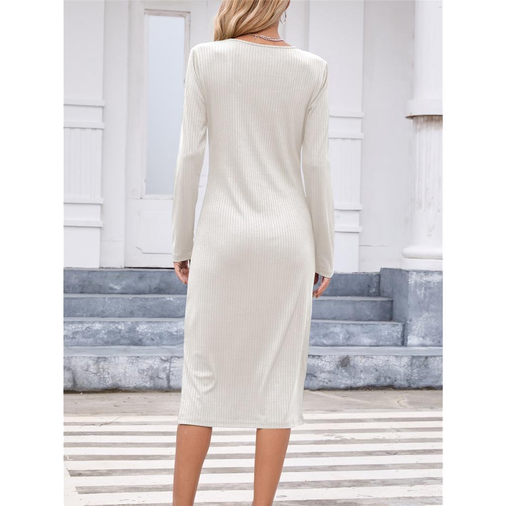 Women's Solid Color Long Sleeve Square Neck Slim and Elegant Long Dress
