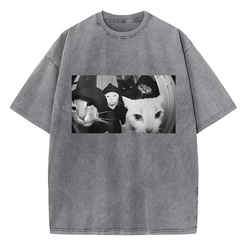 Trendy T Shirt Vintage Washed Cotton T-Shirt Streetwear Smoking Cat Graphic Tee Casual Streetwear Spring Summer
