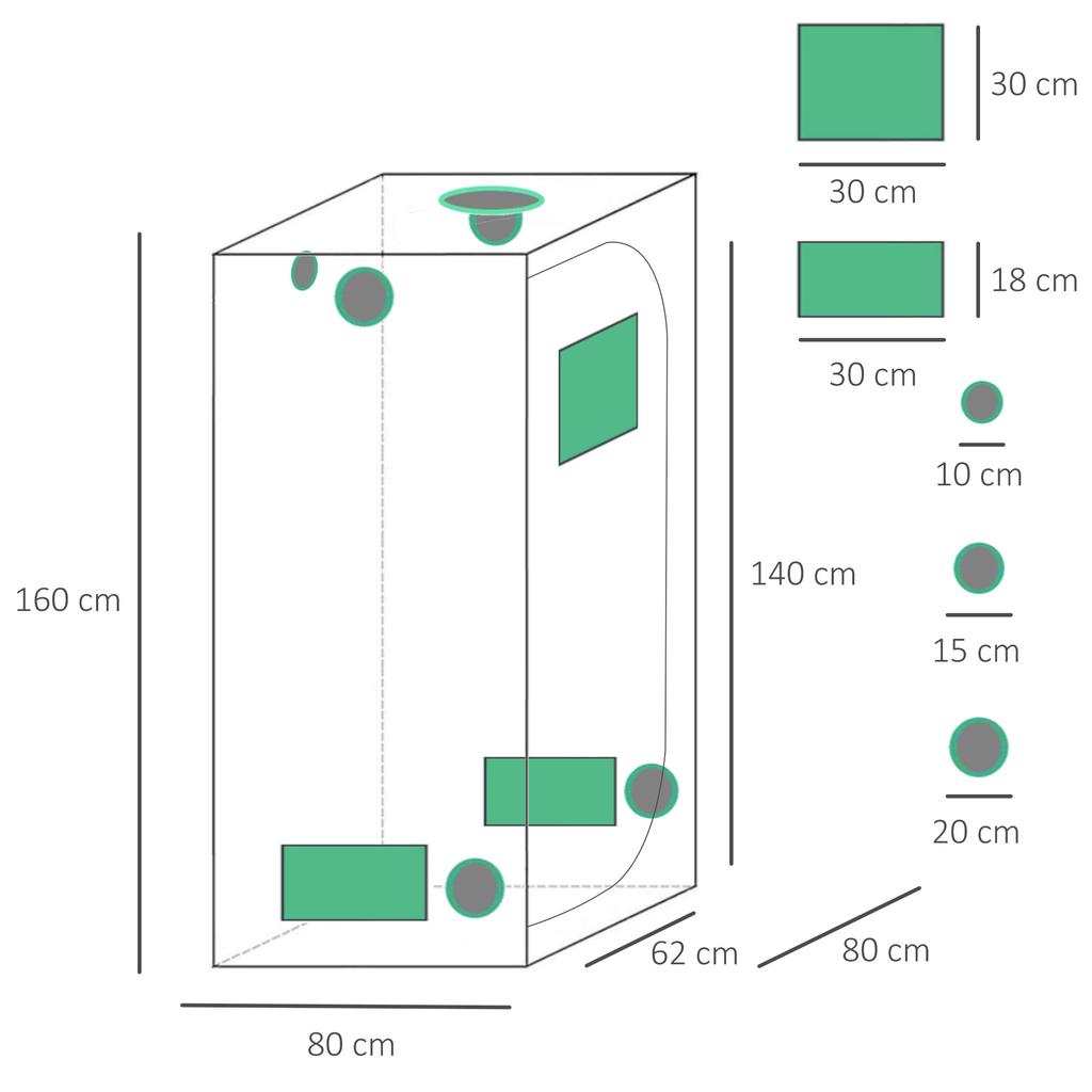 Hydroponic Grow Tent in 600D Oxford with 5 Adjustable Air Vents and Window, Hydroponic Greenhouse for Cultivation with Cable Hole, 80x80x160 cm