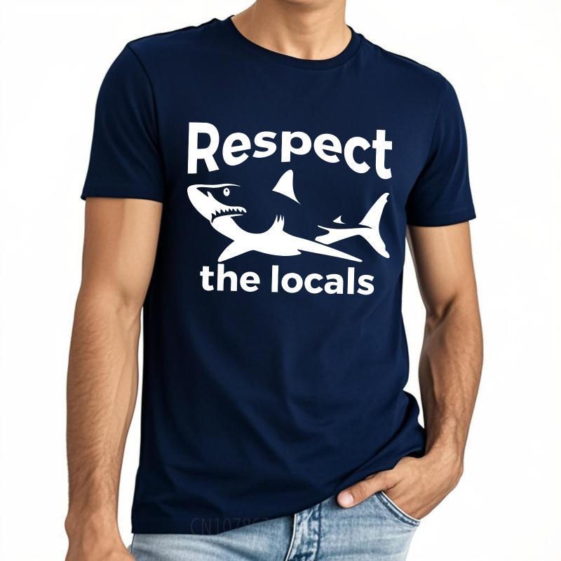 Mens Tshirt Cotton Shirt Unisex Summer Unisex T Shirt Respect The Locals Shark Design Short Sleeve Workout Round Neck Tops