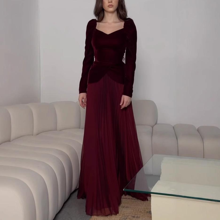 European & American Women's Sexy Long-Sleeve Slim Fit Pleated Patchwork Dress