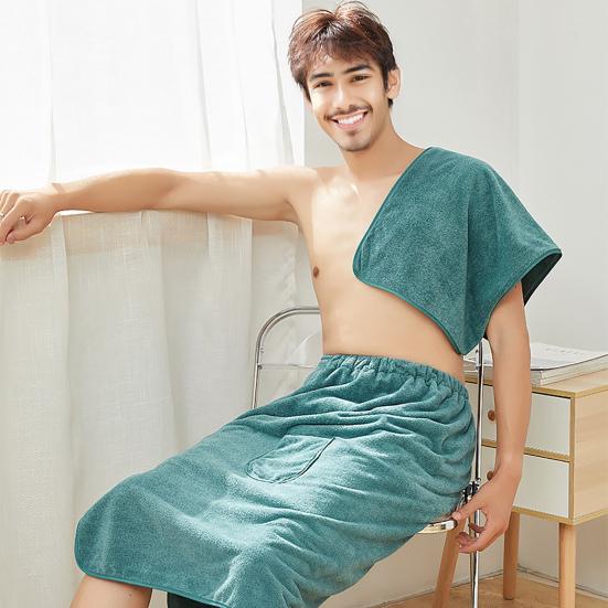 2Pcs/Set Men Bath Towel Adjustable Shower Wrap And Absorbent Towel Wearable Towel Skirt with Pocket for Gym Beach Sauna Spa