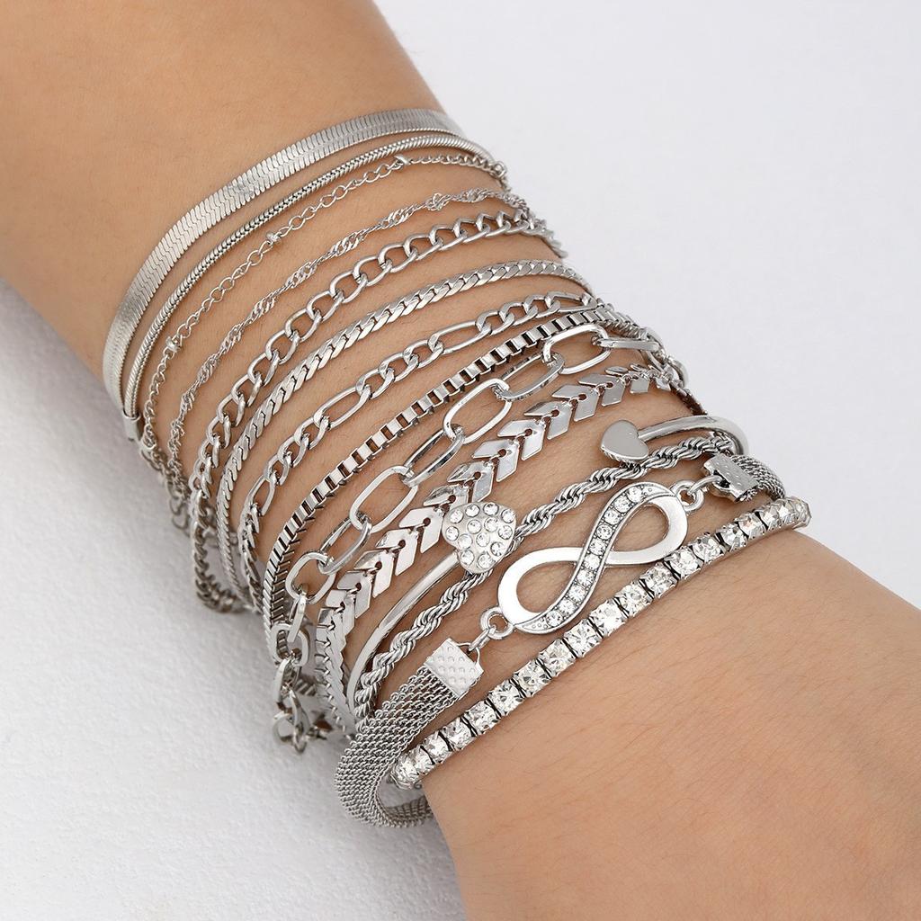 11 Pcs/Set Chic Snake Chain Bracelet Set for Women Boho Simple Elegant Heart Geometric Chain Vacation Date Casual Jewelry Gifts