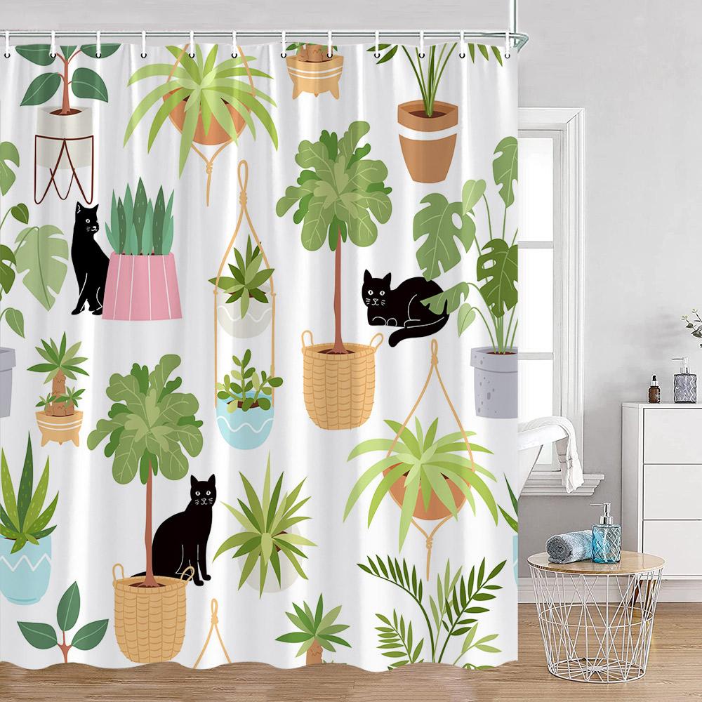 Grüne Topfpflanzen Duschvorhänge Cartoon Katzen Hängende Tropische Blätter Dekorationen Für Bad Polyestergewebe Badezimmervorhang