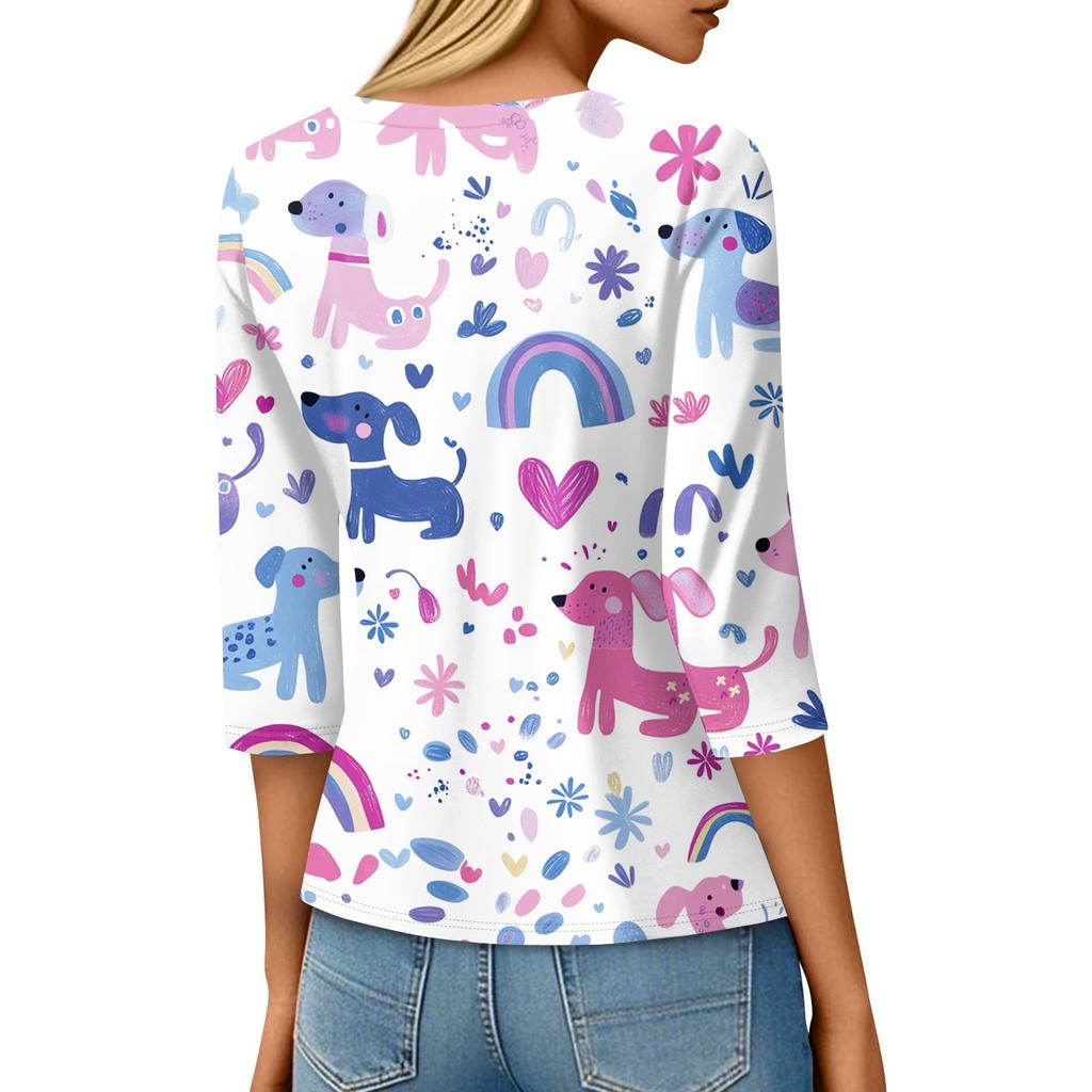 Women's Fashion Loose Casual Seven Sleeve Printed Round Neck Top