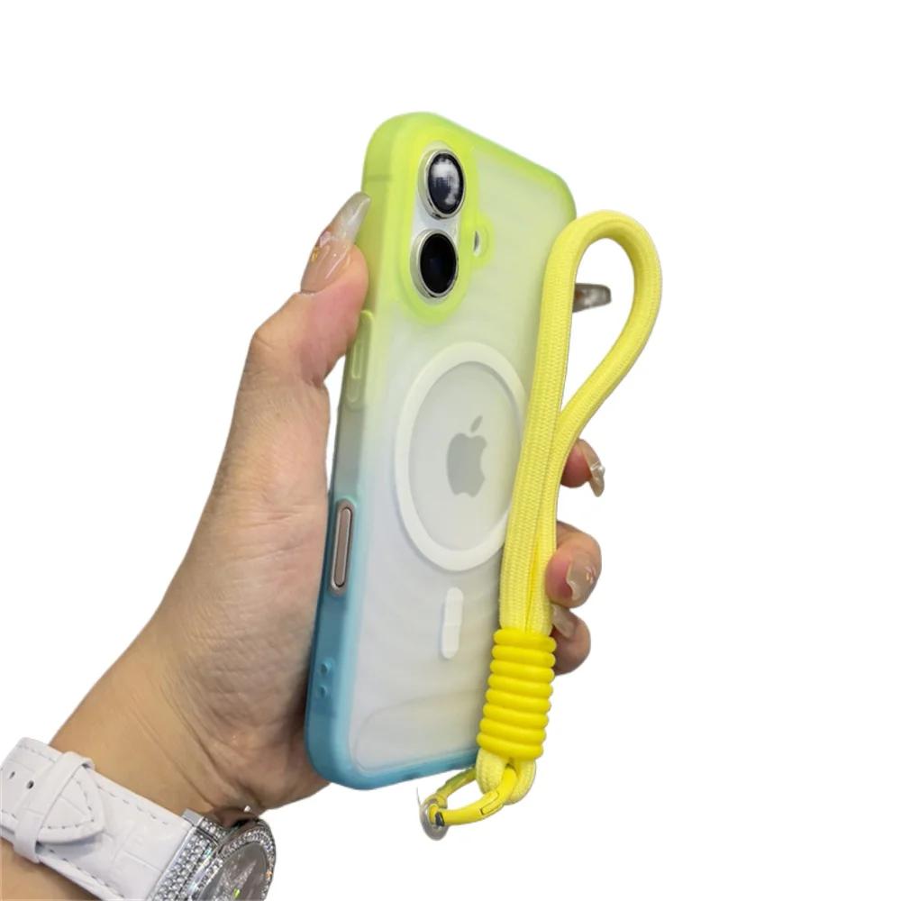 

Luxury With Lanyard Water Ripple For Magsafe Phone Case For iPhone 16 12 13 14 15 Pro Max Gradient Matte Translucent Back Cover For iPhone 14&Case & Strap