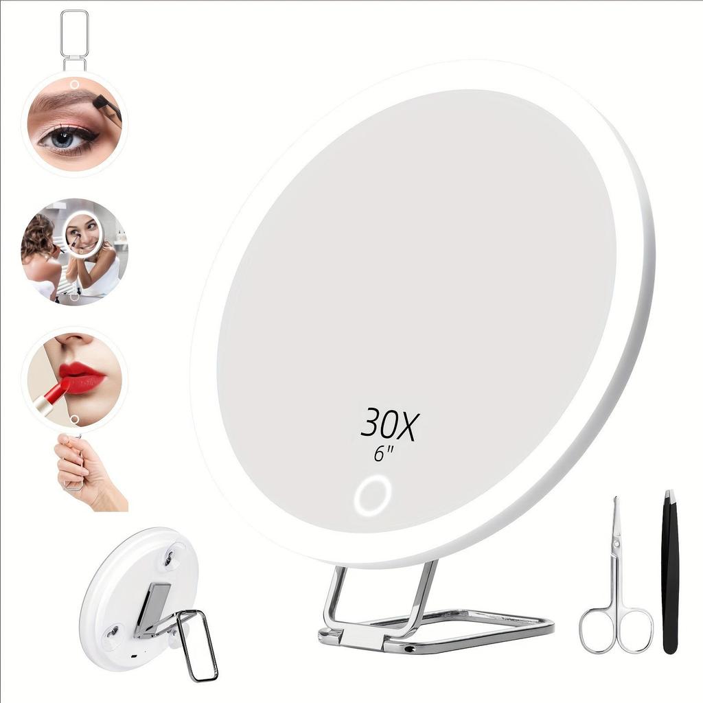 Rechargeable 6-Inch Makeup Mirror with 30x Magnification, LED Fill Light, 360° Bracket, and 3 Suction Cups