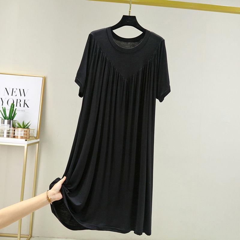 2023 Women's Summer Plus Size Round Neck Cake Dress - Solid Color, Loose Fit, Short Sleeve, Long Length