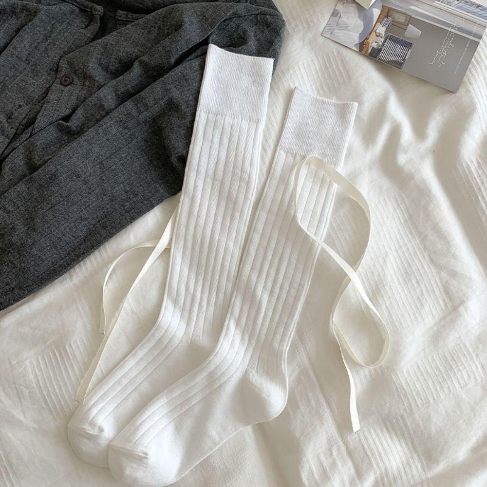 

Japanese Style Striped Long Socks Solid Color Bow Stockings Fashion Summer