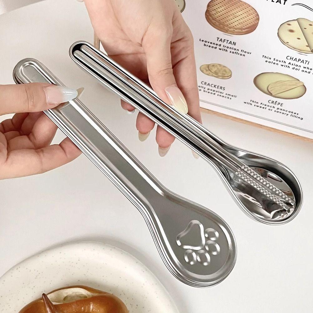 304 Stainless Steel Travel Tableware Set With Cat Paw Box Curlty Set Chopsticks Spoon Set Student
