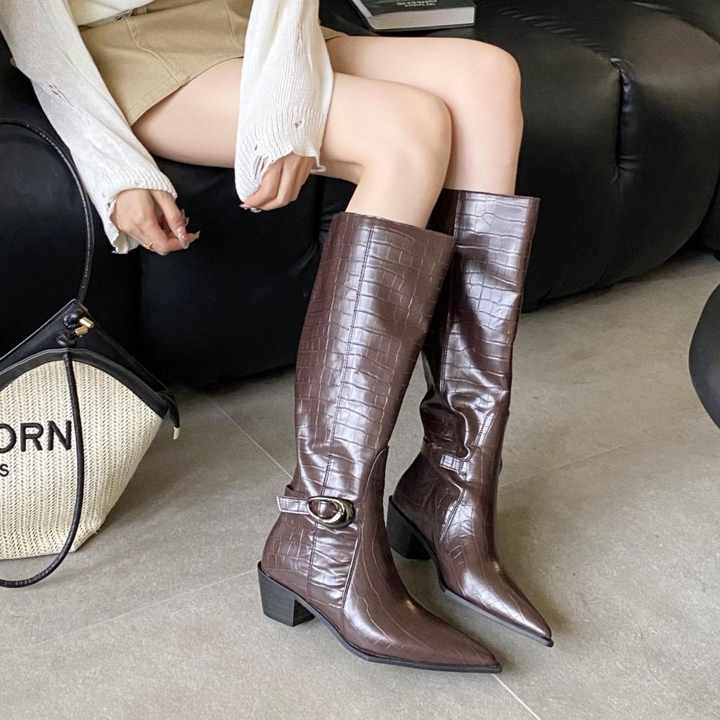 2025 autumn and winter new European and American style stone texture belt buckle pointed thick high heel boots